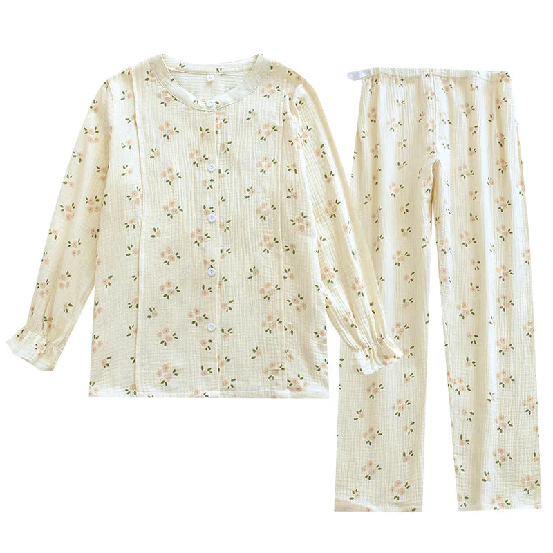 100% Crepe Cotton Pajama Set for Women Soft Breathable Maternity Loungewear Cute Floral Nursing Sleepwear Long Sleeve Pjs Floral