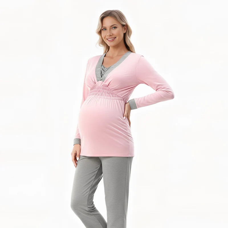Maternity Breastfeeding Pajamas Set Soft Nightgown Pregnancy Sleepwear Women Nursing Clothes Autumn Winter 2pcs Home Comfortable