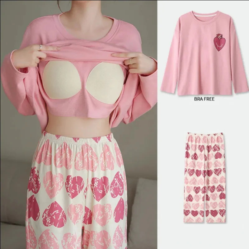 Nursing Pregnant Women's Clothing Set Large Size Spring Fall Winter Long-Sleeved Pajamas with Chest Pads Loose Monthly Homewear