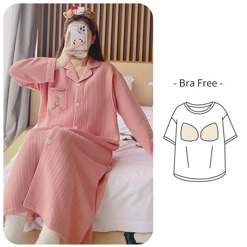 Winter Maternity Pajamas Women Cute Print Nursing Nightgown Long Sleeve Loose Cardigan Sleepwear Pregnancy Dress