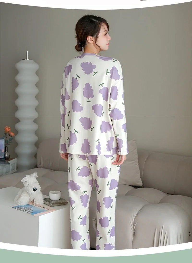 Nursing Pregnant Women's Clothing Set Large Size Spring Fall Winter Long-Sleeved Pajamas with Chest Pads Loose Monthly Homewear