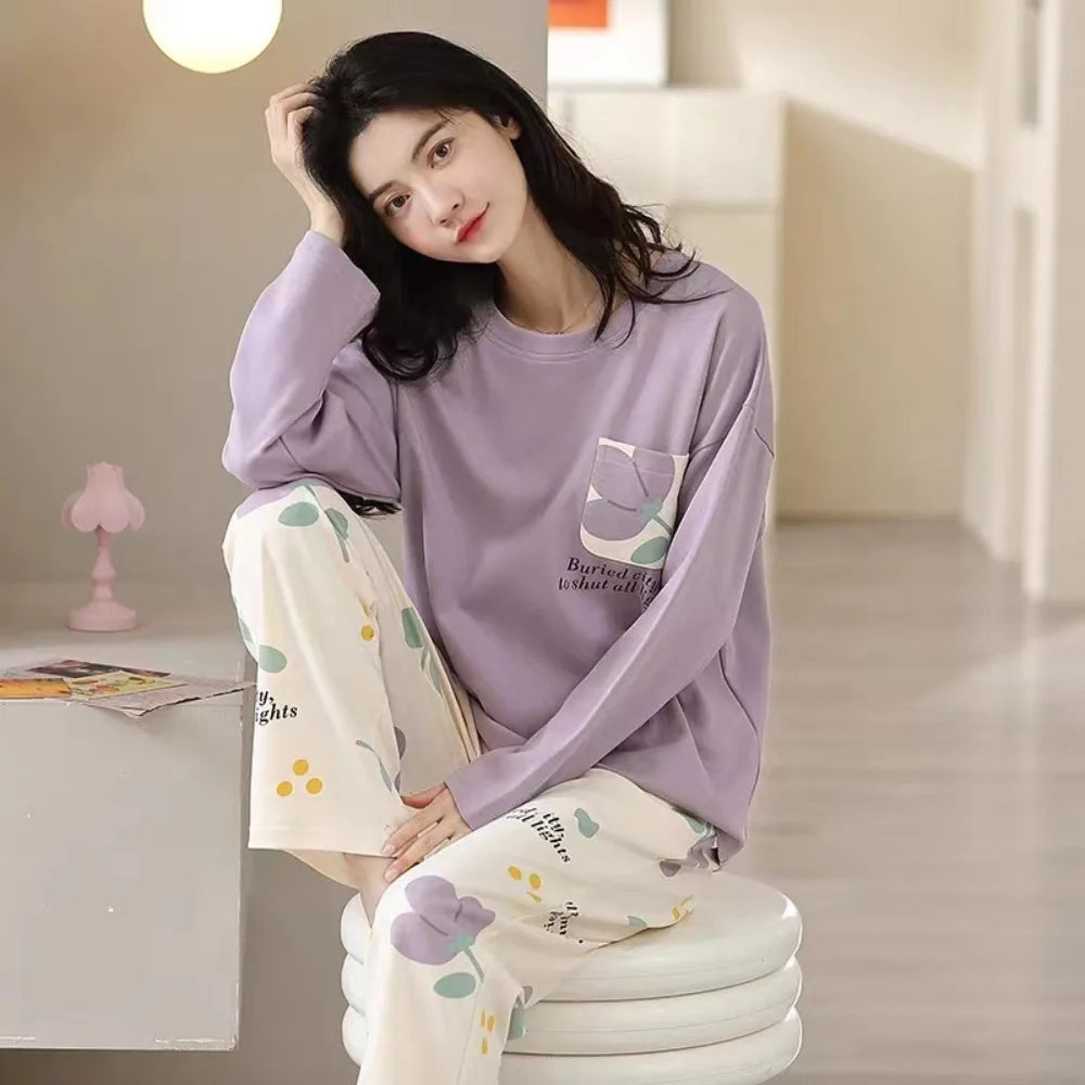 Long-Sleeved Women's Two-Piece Pajamas Large Size Cotton Material Pajama Suit Loose Fit Soft Fabric Homewear Suit Maternity Use