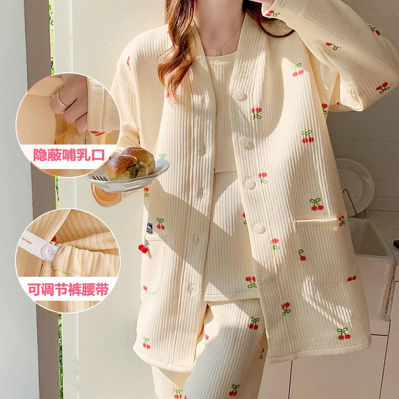 Autumn &Winter Lactation Period Breastfeeding Clothes Cotton Postpartum Clothing 2/3pcs Set Pregnant Women's Pajamas