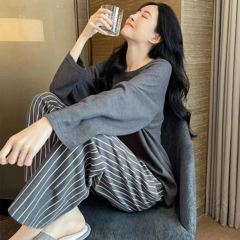 Nursing Pregnant Women's Clothing Set Large Size Spring Fall Winter Long-Sleeved Pajamas with Chest Pads Loose Monthly Homewear
