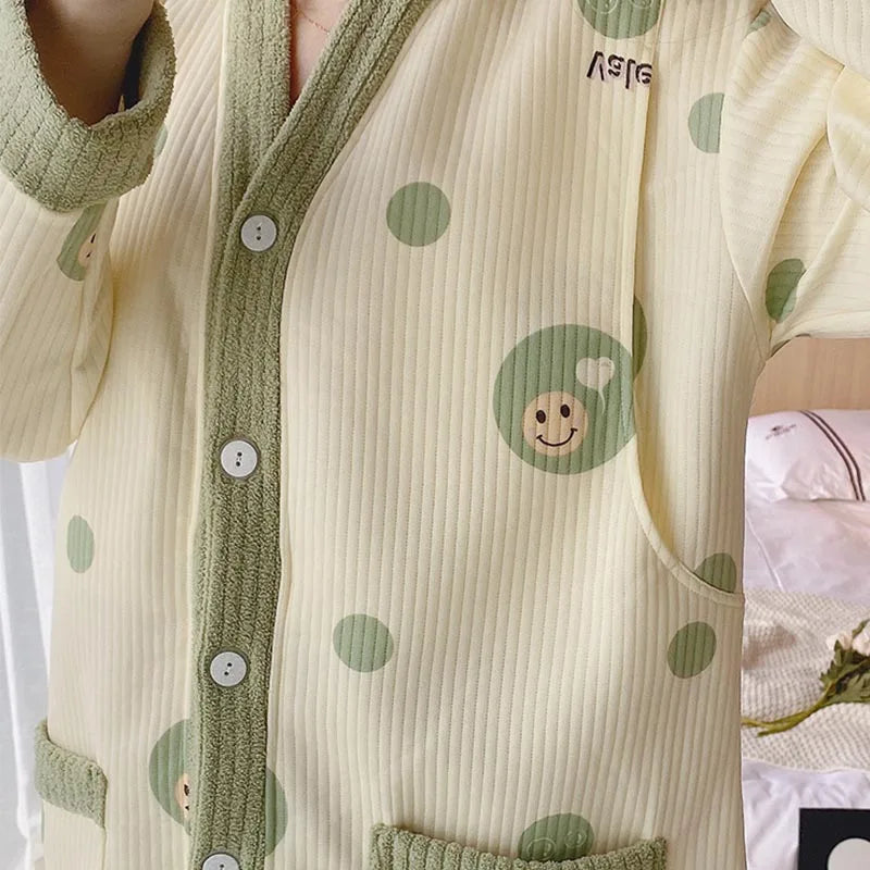 Winter Maternity Pajamas Women Cute Print Nursing Nightgown Long Sleeve Loose Cardigan Sleepwear Pregnancy Dress