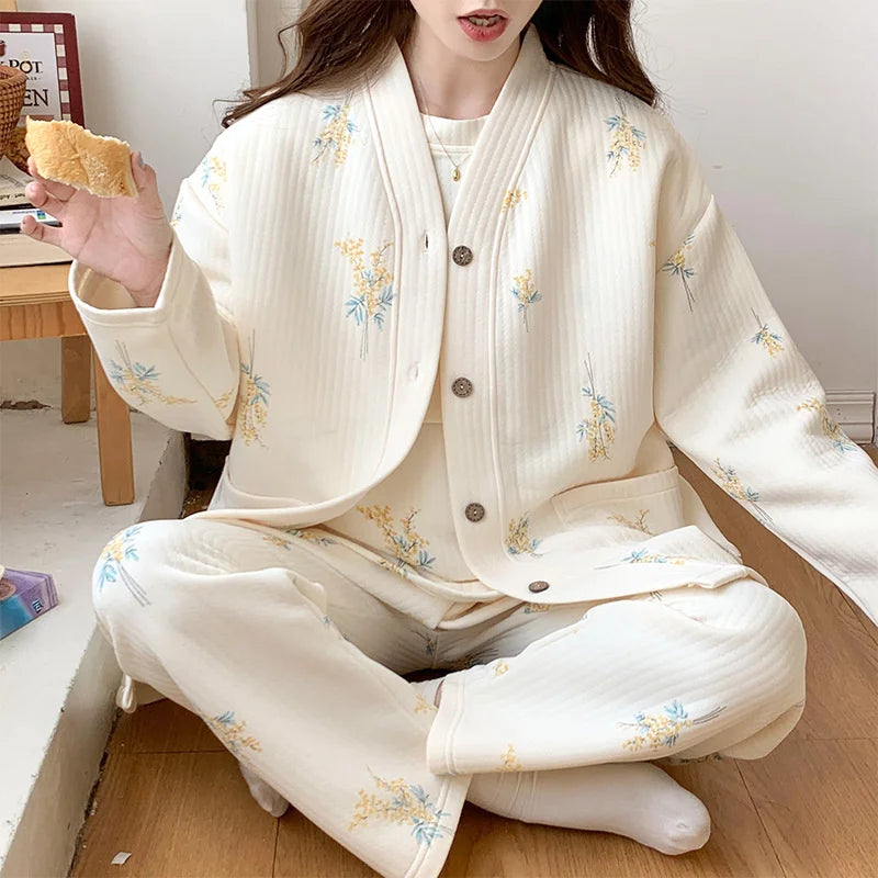 Autumn &Winter Lactation Period Breastfeeding Clothes Cotton Postpartum Clothing 2/3pcs Set Pregnant Women's Pajamas