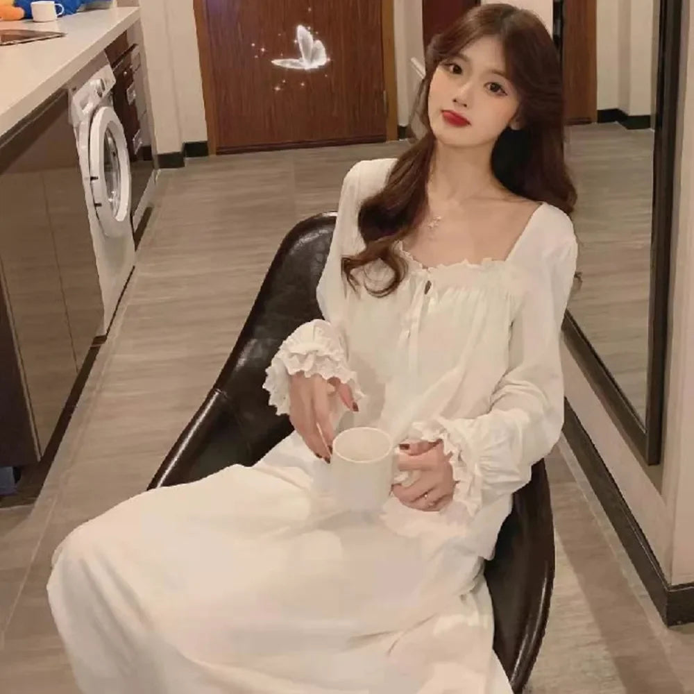 Long Sleeve Princess Style Nightdress Women's Pajamas Lace Palace Korean Version Loose Plus Size 2024 New Homewear Birthday Gift