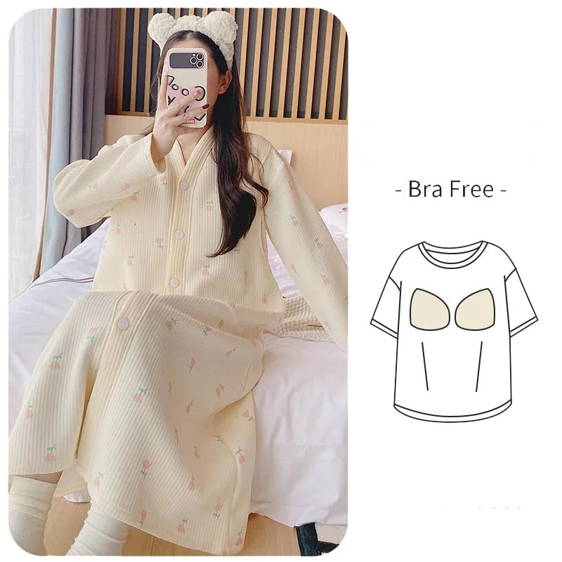Winter Maternity Pajamas Women Cute Print Nursing Nightgown Long Sleeve Loose Cardigan Sleepwear Pregnancy Dress