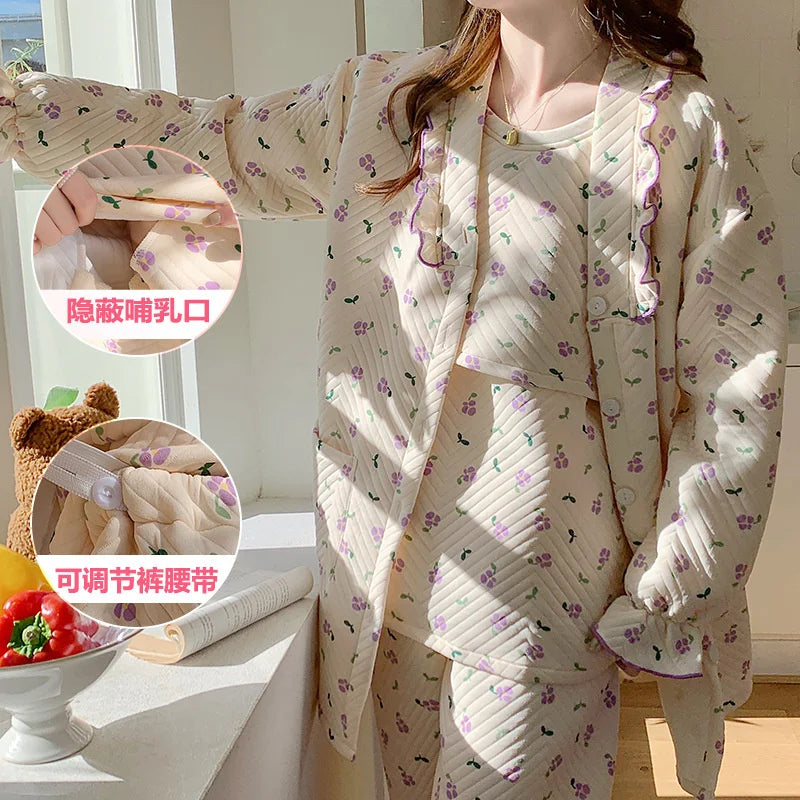 Autumn &Winter Lactation Period Breastfeeding Clothes Cotton Postpartum Clothing 2/3pcs Set Pregnant Women's Pajamas