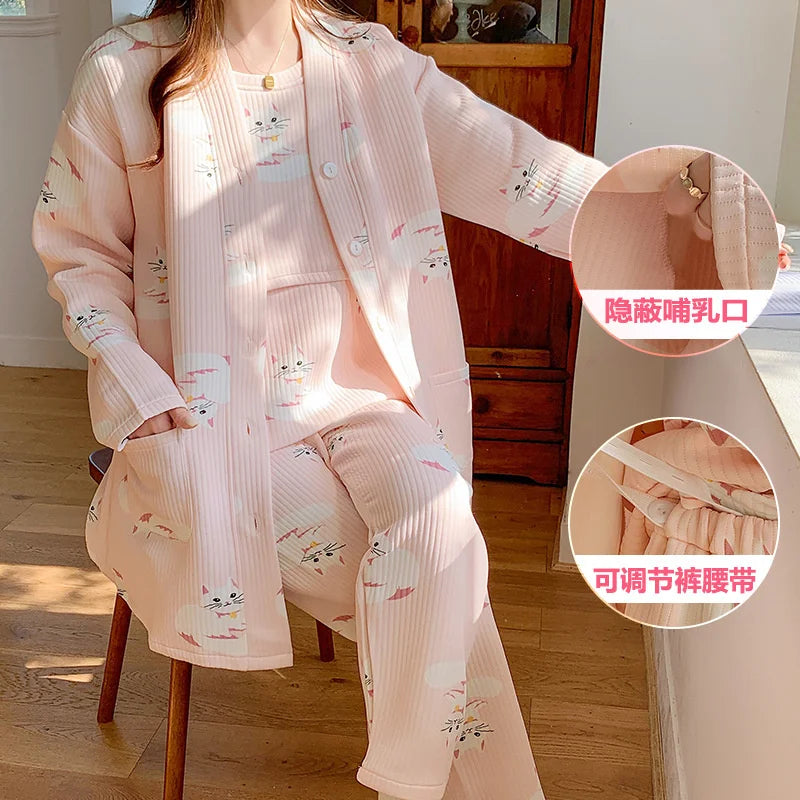 Autumn &Winter Lactation Period Breastfeeding Clothes Cotton Postpartum Clothing 2/3pcs Set Pregnant Women's Pajamas