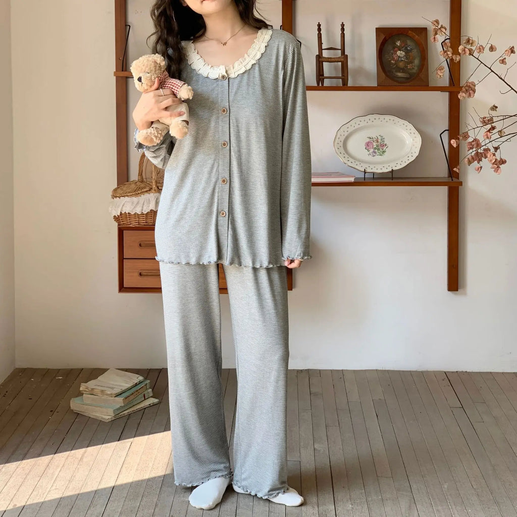 Maternity Sleep Suit O-Neck Lace Pijamas for Pregnant Women Loose Sleepwear for Winter Autumn Comfortable Maternity Nightgown