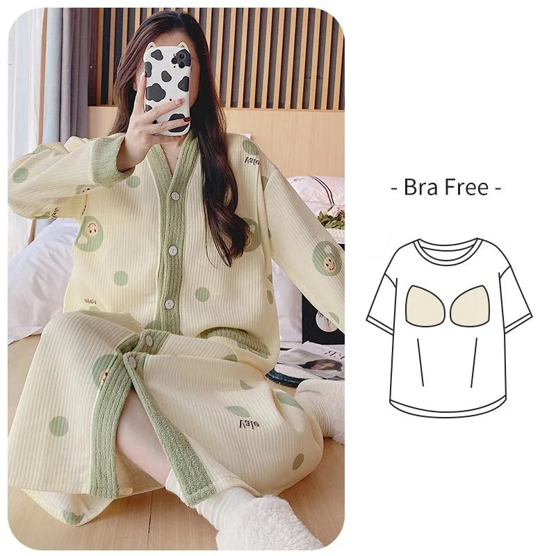 Winter Maternity Pajamas Women Cute Print Nursing Nightgown Long Sleeve Loose Cardigan Sleepwear Pregnancy Dress
