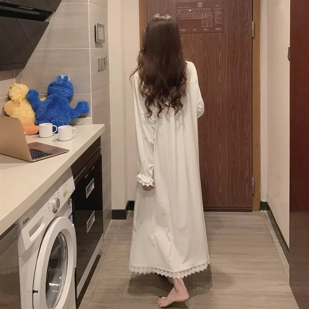 Long Sleeve Princess Style Nightdress Women's Pajamas Lace Palace Korean Version Loose Plus Size 2024 New Homewear Birthday Gift