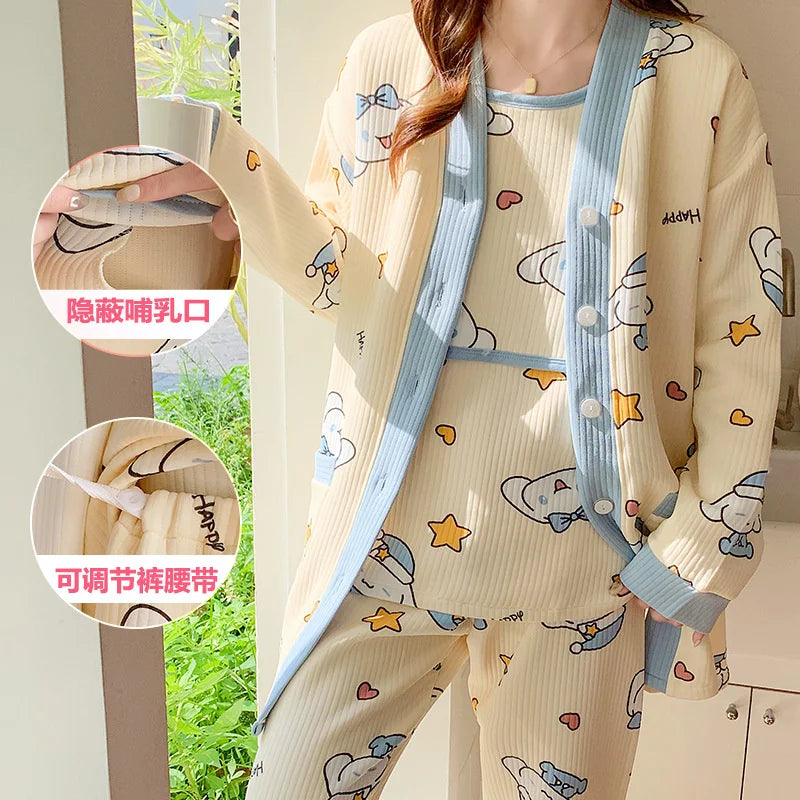 Autumn &Winter Lactation Period Breastfeeding Clothes Cotton Postpartum Clothing 2/3pcs Set Pregnant Women's Pajamas