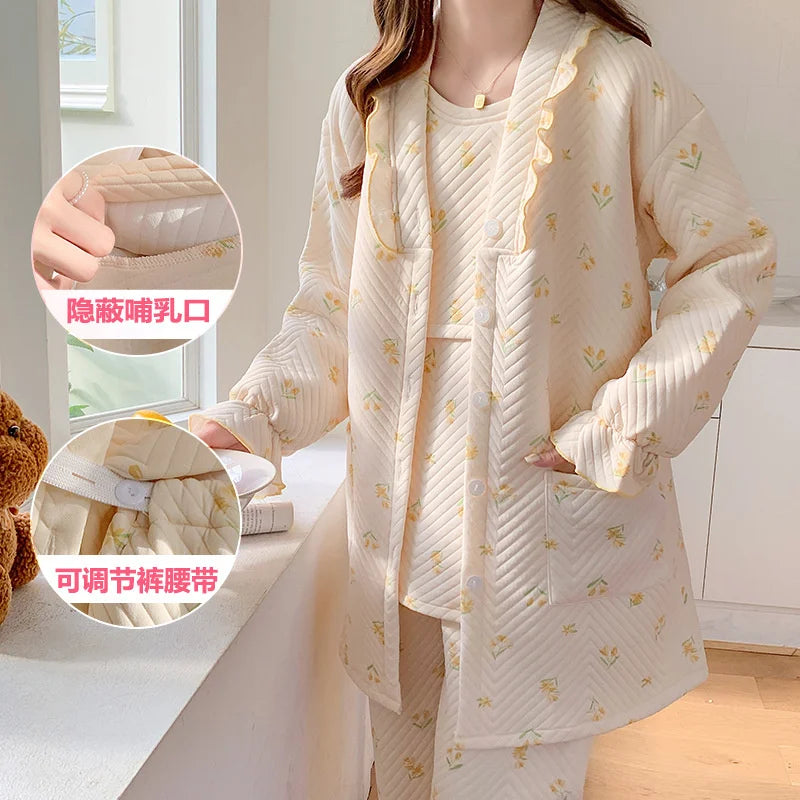 Autumn &Winter Lactation Period Breastfeeding Clothes Cotton Postpartum Clothing 2/3pcs Set Pregnant Women's Pajamas
