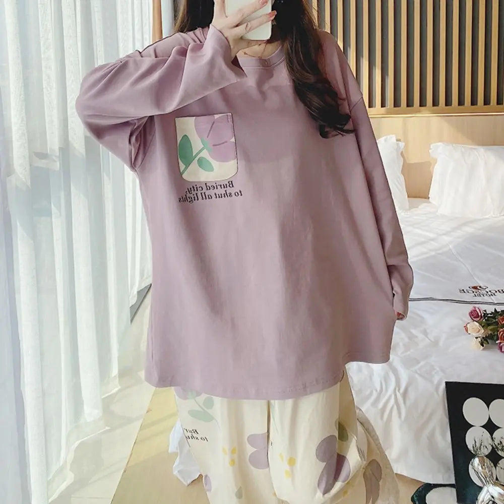 Long-Sleeved Women's Two-Piece Pajamas Large Size Cotton Material Pajama Suit Loose Fit Soft Fabric Homewear Suit Maternity Use