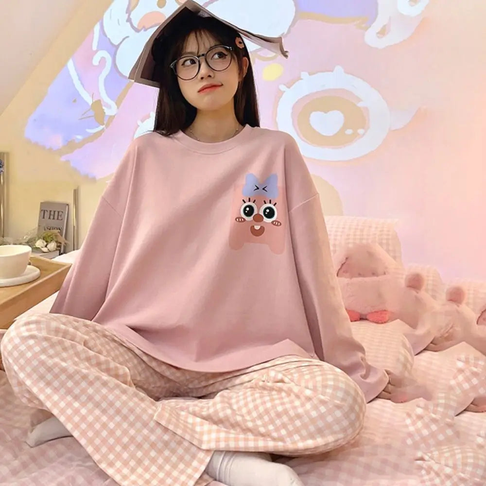 Long-Sleeved Women's Two-Piece Pajamas Large Size Cotton Material Pajama Suit Loose Fit Soft Fabric Homewear Suit Maternity Use