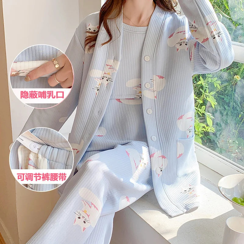 Autumn &Winter Lactation Period Breastfeeding Clothes Cotton Postpartum Clothing 2/3pcs Set Pregnant Women's Pajamas