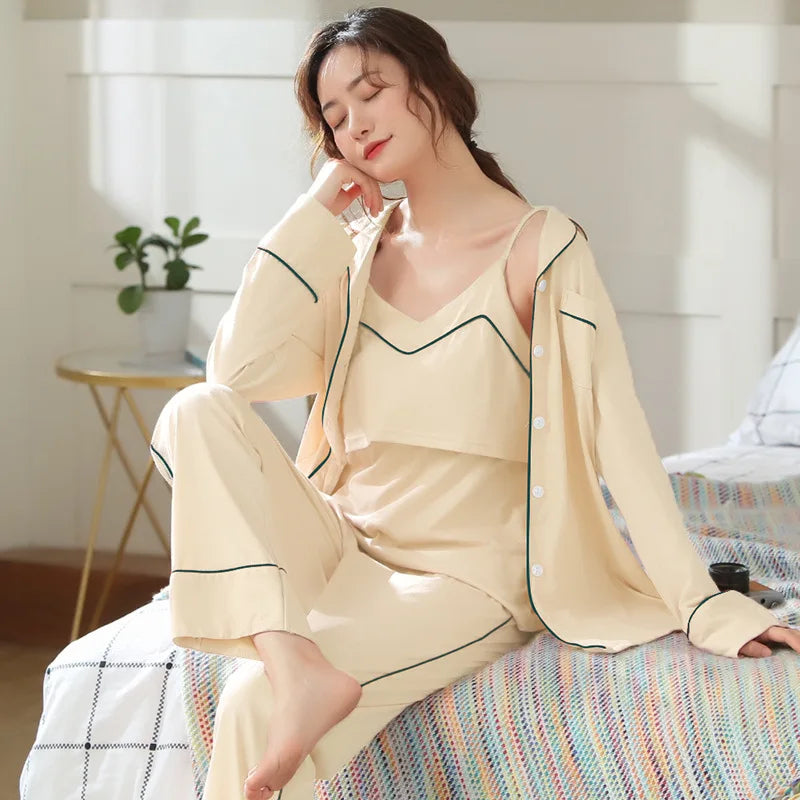 Fdfklak Pijama Pregnant Cotton Spring Summer 3 Pieces Maternity Nightie Pajamas For Pregnant Women Pink/Blue Nursing Pajama