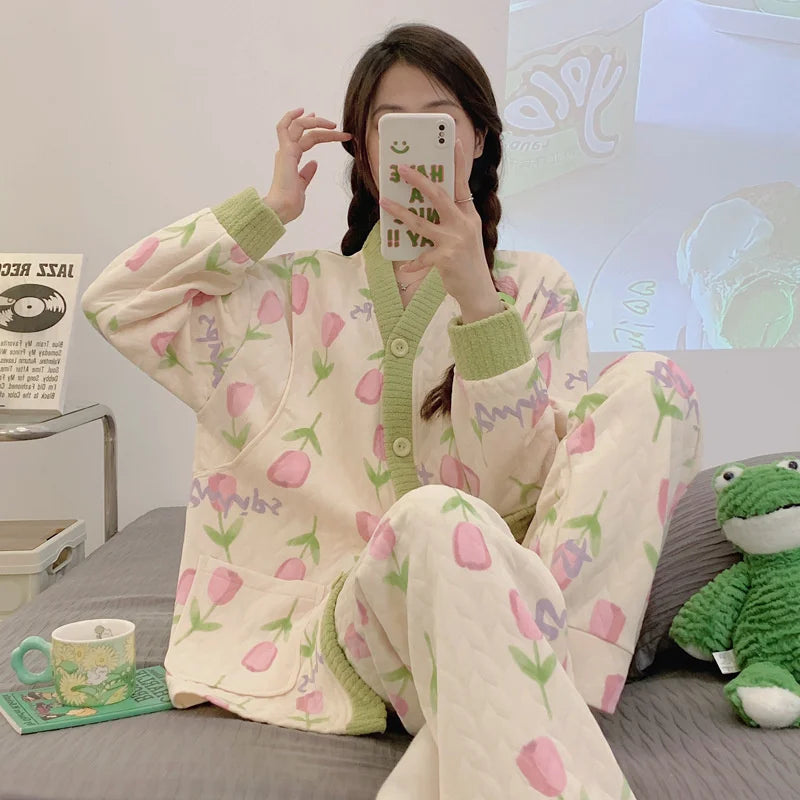 Autumn &Winter Lactation Period Breastfeeding Clothes Cotton Postpartum Clothing 2/3pcs Set Pregnant Women's Pajamas