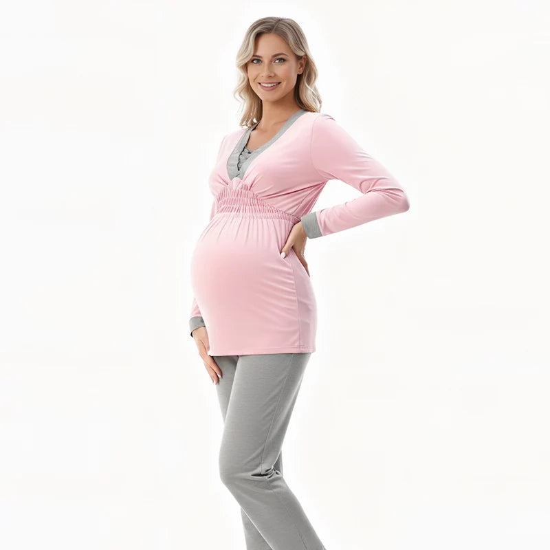 Maternity Breastfeeding Pajamas Set Soft Nightgown Pregnancy Sleepwear Women Nursing Clothes Autumn Winter 2pcs Home Comfortable