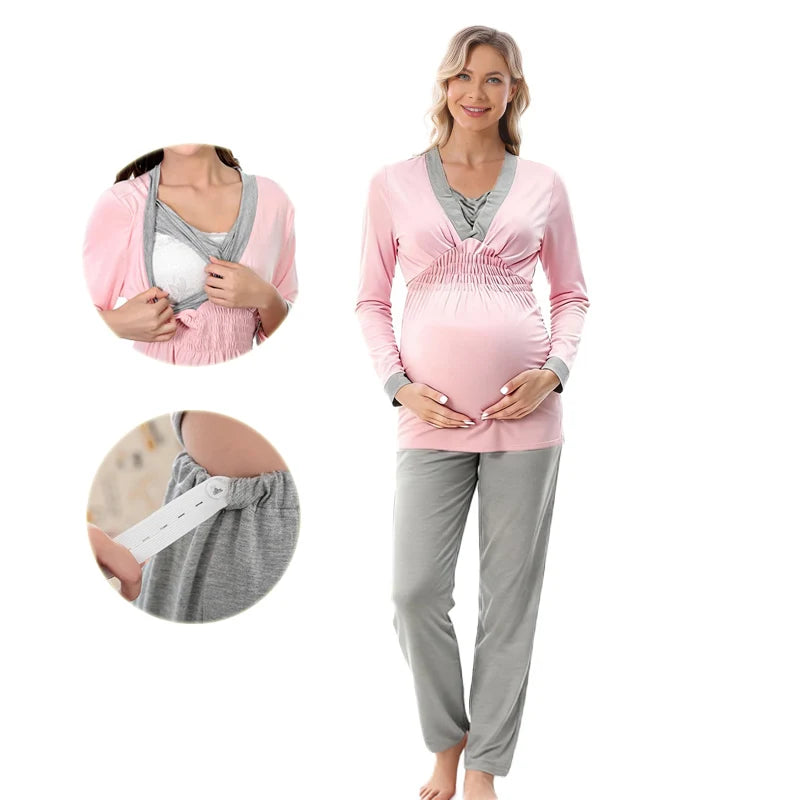 Maternity Breastfeeding Pajamas Set Soft Nightgown Pregnancy Sleepwear Women Nursing Clothes Autumn Winter 2pcs Home Comfortable