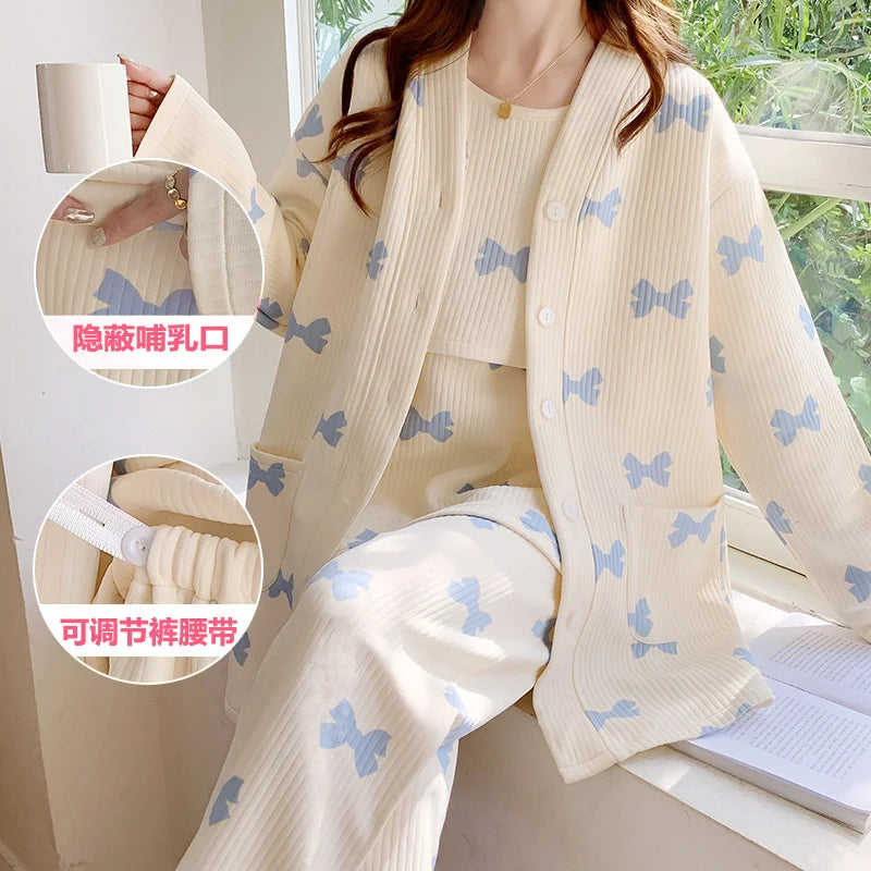 Autumn &Winter Lactation Period Breastfeeding Clothes Cotton Postpartum Clothing 2/3pcs Set Pregnant Women's Pajamas