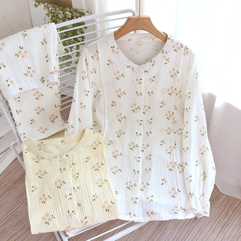 100% Crepe Cotton Pajama Set for Women Soft Breathable Maternity Loungewear Cute Floral Nursing Sleepwear Long Sleeve Pjs Floral