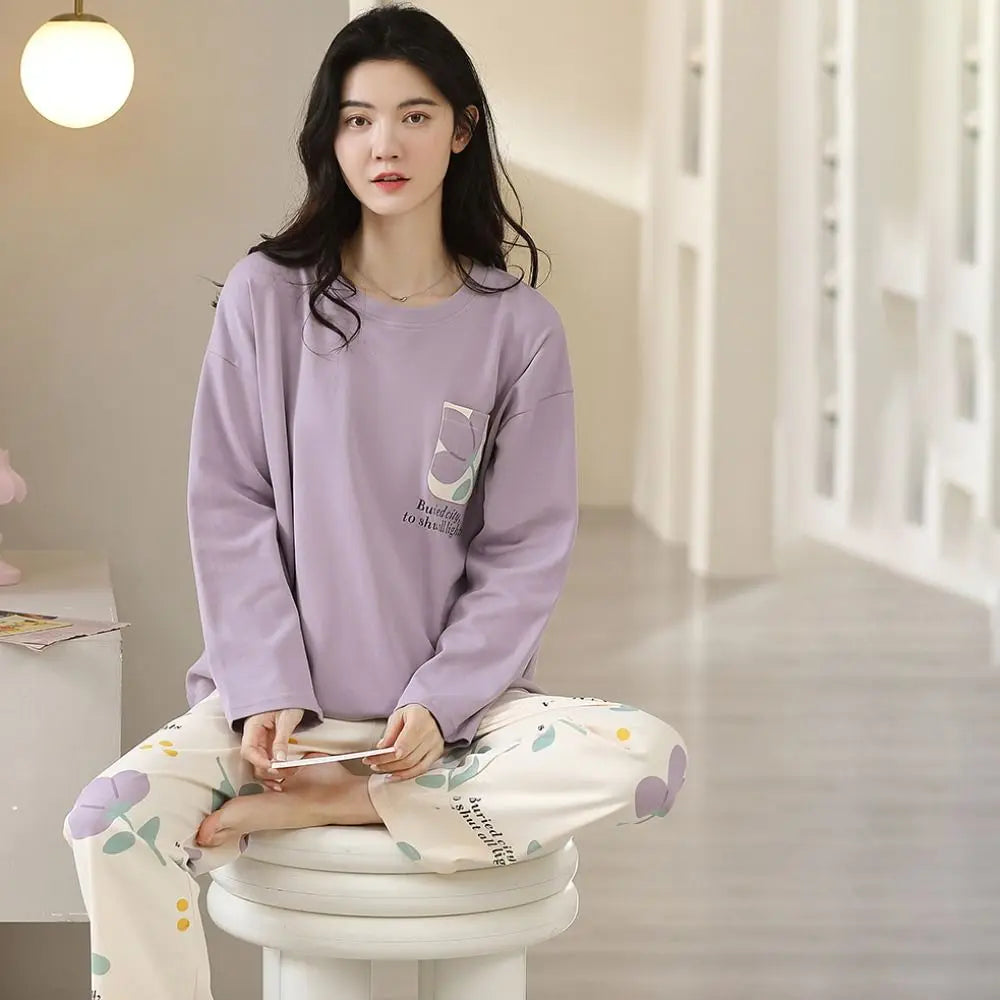 Long-Sleeved Women's Two-Piece Pajamas Large Size Cotton Material Pajama Suit Loose Fit Soft Fabric Homewear Suit Maternity Use