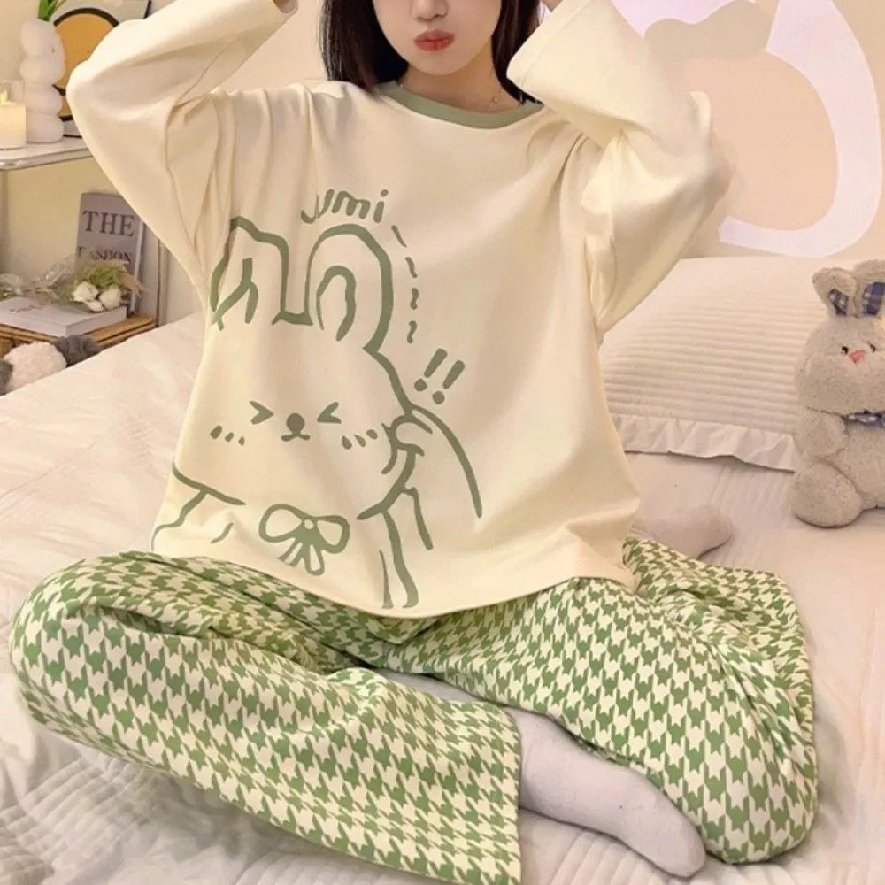 Long-Sleeved Women's Two-Piece Pajamas Large Size Cotton Material Pajama Suit Loose Fit Soft Fabric Homewear Suit Maternity Use