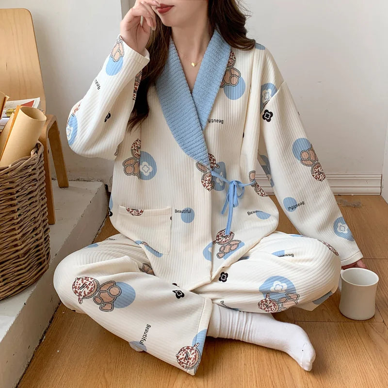 Autumn &Winter Lactation Period Breastfeeding Clothes Cotton Postpartum Clothing 2/3pcs Set Pregnant Women's Pajamas