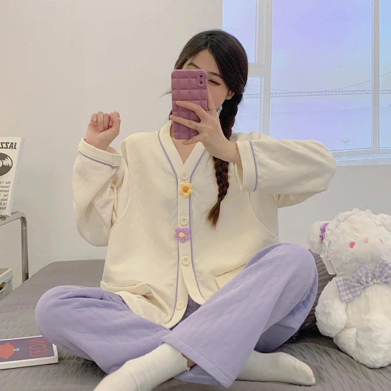 Autumn &Winter Lactation Period Breastfeeding Clothes Cotton Postpartum Clothing 2/3pcs Set Pregnant Women's Pajamas