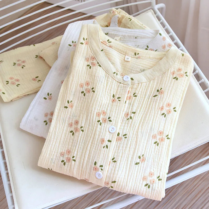 100% Crepe Cotton Pajama Set for Women Soft Breathable Maternity Loungewear Cute Floral Nursing Sleepwear Long Sleeve Pjs Floral