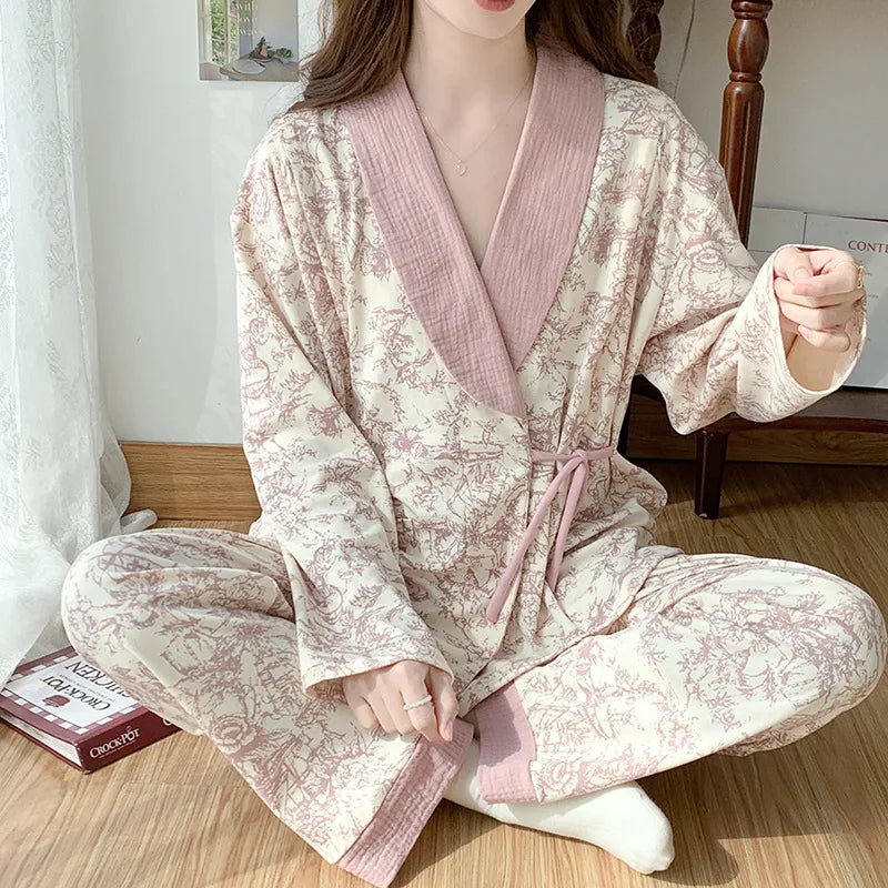 Pure Cotton Maternity Nightie For Pregnant Breastfeeding Clothes 	Sleepwear Autumn V-Neck Pajamas For Nursing Mothers