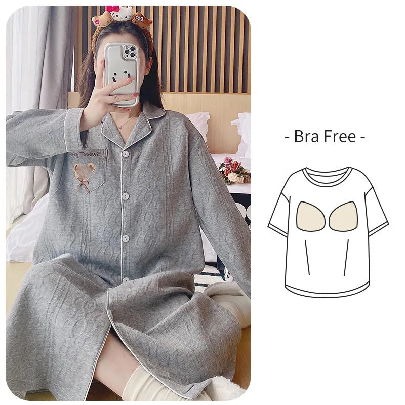 Winter Maternity Pajamas Women Cute Print Nursing Nightgown Long Sleeve Loose Cardigan Sleepwear Pregnancy Dress