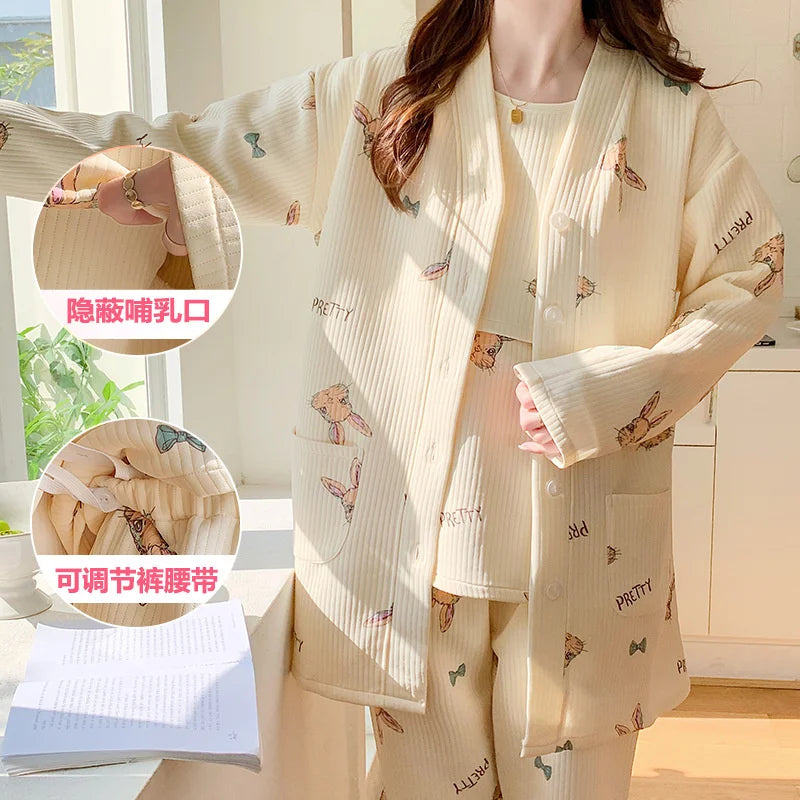 Autumn &Winter Lactation Period Breastfeeding Clothes Cotton Postpartum Clothing 2/3pcs Set Pregnant Women's Pajamas
