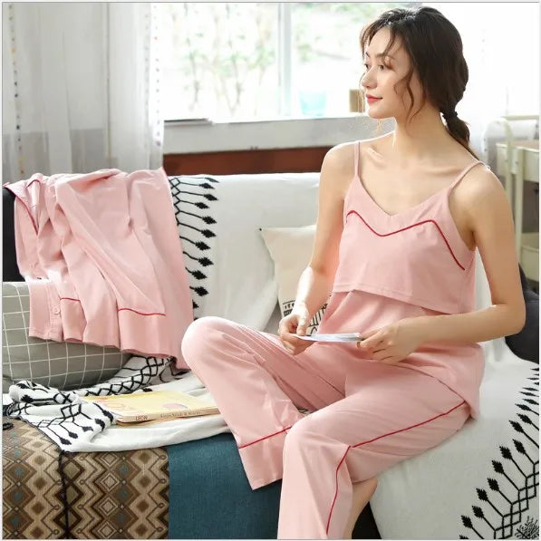 Fdfklak Pijama Pregnant Cotton Spring Summer 3 Pieces Maternity Nightie Pajamas For Pregnant Women Pink/Blue Nursing Pajama