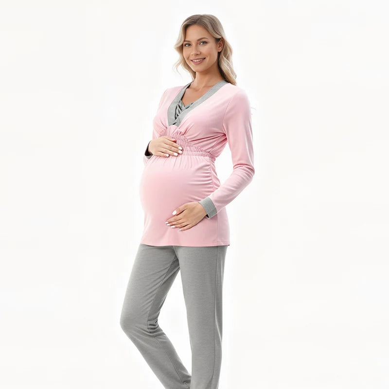 Maternity Breastfeeding Pajamas Set Soft Nightgown Pregnancy Sleepwear Women Nursing Clothes Autumn Winter 2pcs Home Comfortable