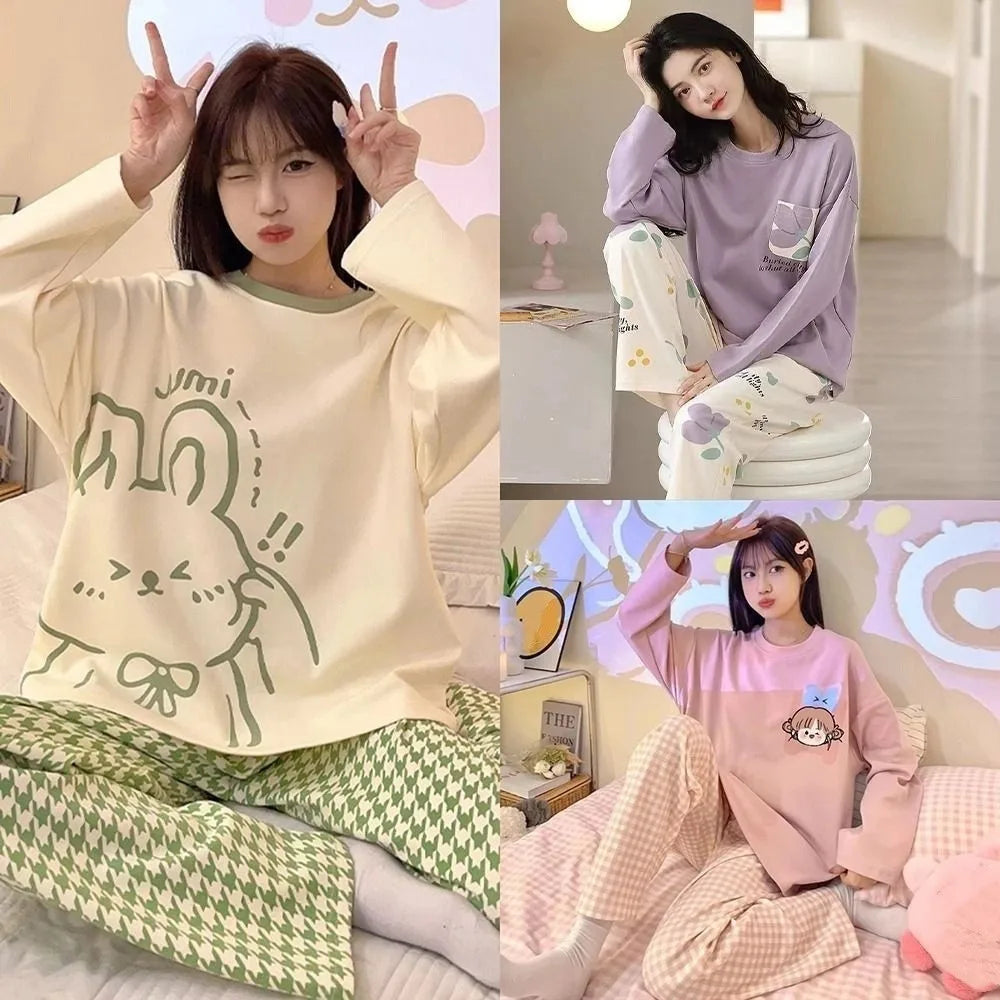 Long-Sleeved Women's Two-Piece Pajamas Large Size Cotton Material Pajama Suit Loose Fit Soft Fabric Homewear Suit Maternity Use