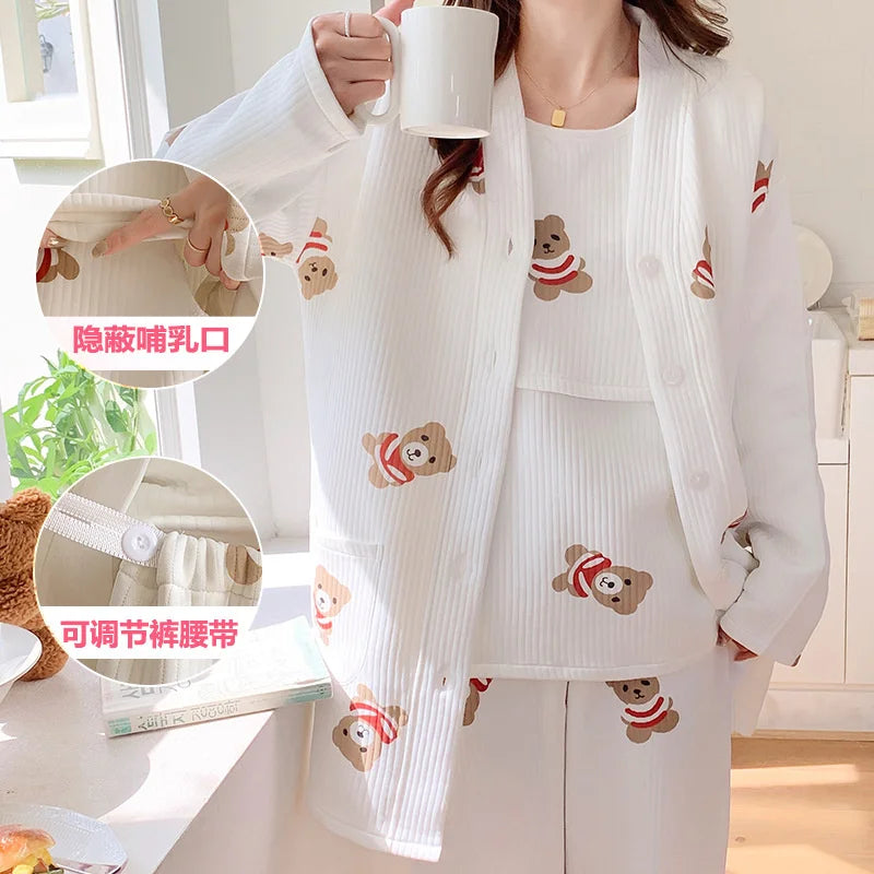 Autumn &Winter Lactation Period Breastfeeding Clothes Cotton Postpartum Clothing 2/3pcs Set Pregnant Women's Pajamas