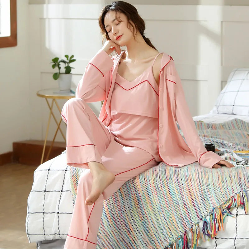 Fdfklak Pijama Pregnant Cotton Spring Summer 3 Pieces Maternity Nightie Pajamas For Pregnant Women Pink/Blue Nursing Pajama