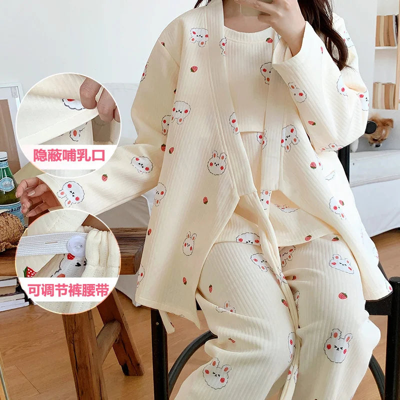 Autumn &Winter Lactation Period Breastfeeding Clothes Cotton Postpartum Clothing 2/3pcs Set Pregnant Women's Pajamas