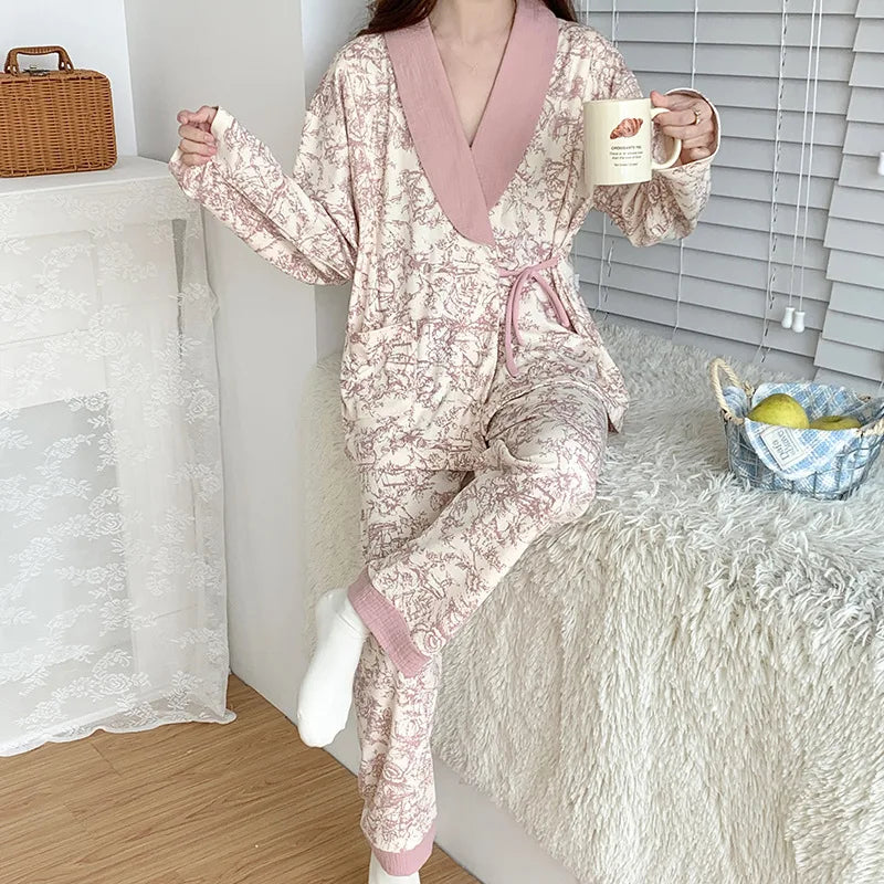 Pure Cotton Maternity Nightie For Pregnant Breastfeeding Clothes 	Sleepwear Autumn V-Neck Pajamas For Nursing Mothers