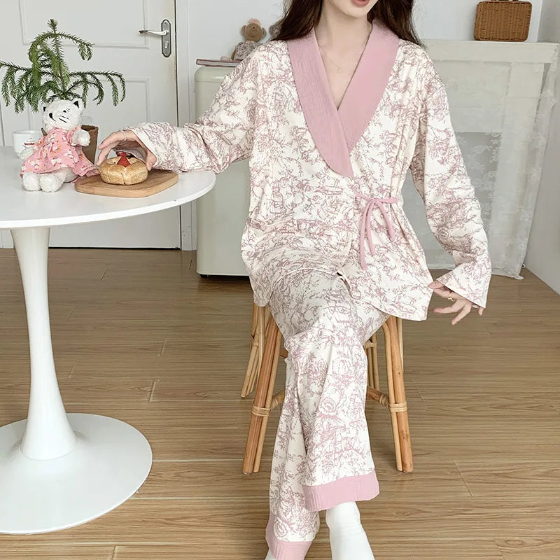Pure Cotton Maternity Nightie For Pregnant Breastfeeding Clothes 	Sleepwear Autumn V-Neck Pajamas For Nursing Mothers