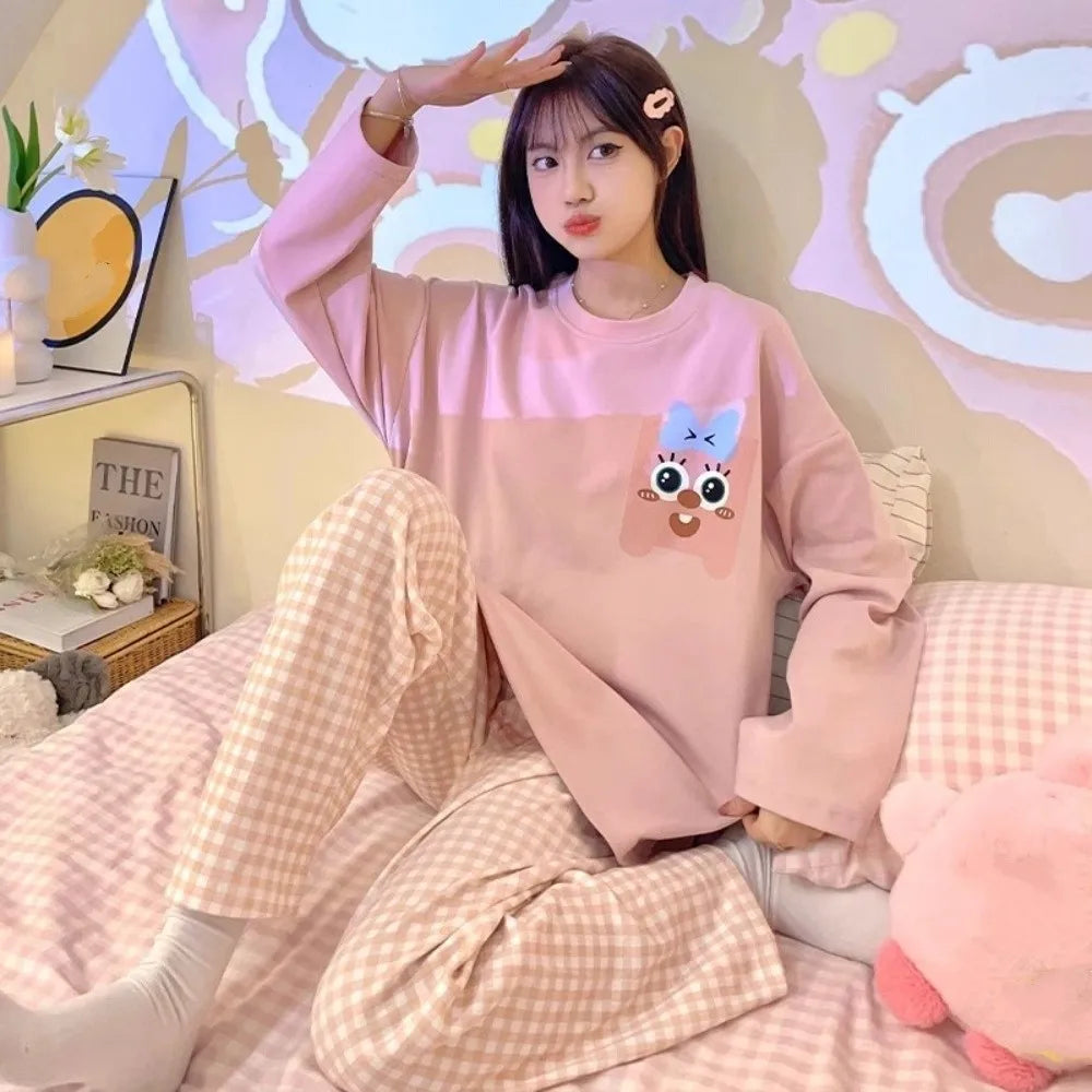 Long-Sleeved Women's Two-Piece Pajamas Large Size Cotton Material Pajama Suit Loose Fit Soft Fabric Homewear Suit Maternity Use