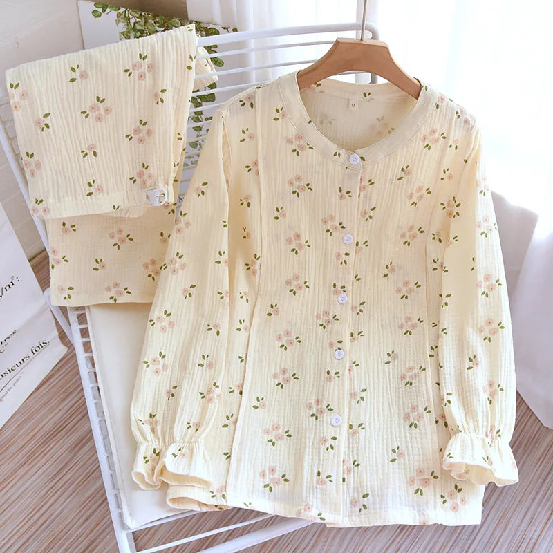 100% Crepe Cotton Pajama Set for Women Soft Breathable Maternity Loungewear Cute Floral Nursing Sleepwear Long Sleeve Pjs Floral
