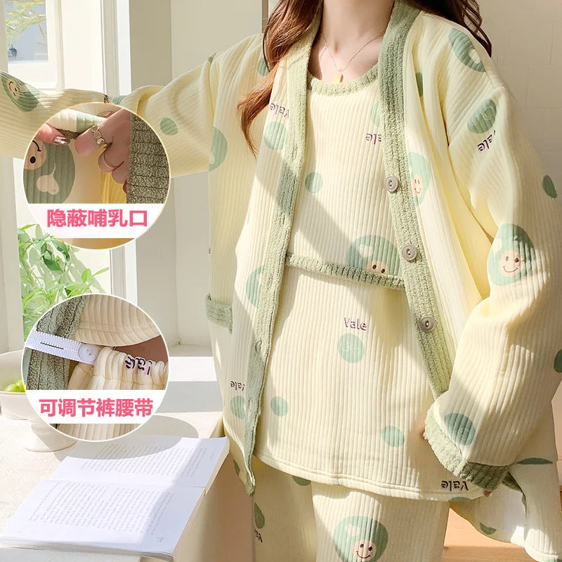 Autumn &Winter Lactation Period Breastfeeding Clothes Cotton Postpartum Clothing 2/3pcs Set Pregnant Women's Pajamas