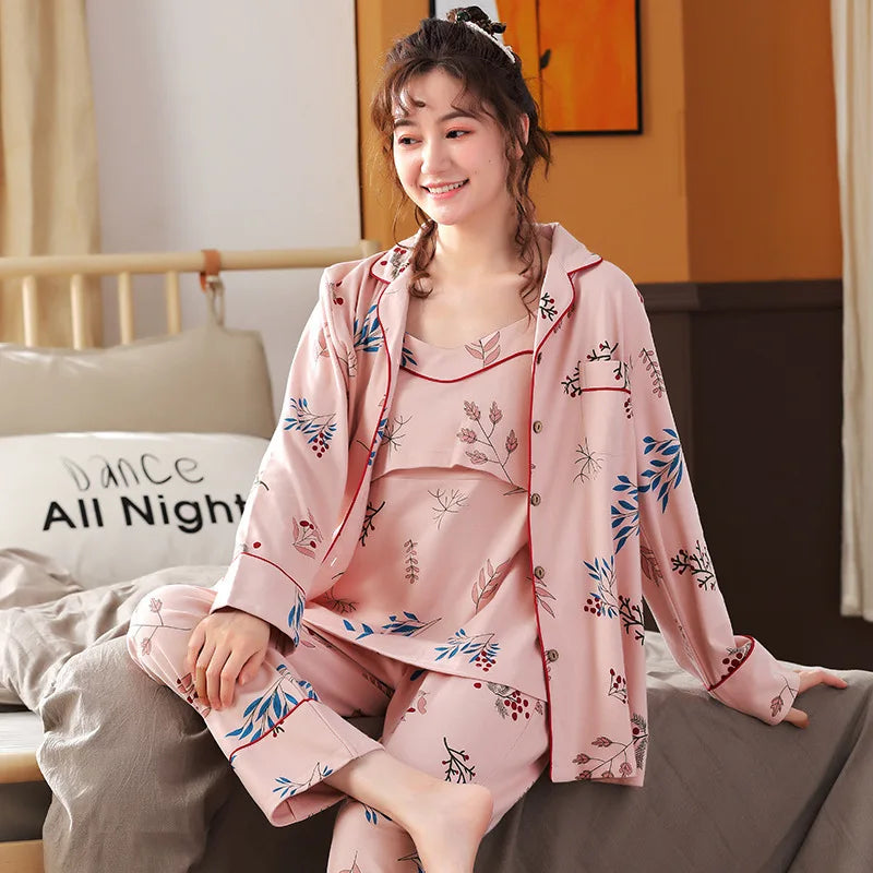Fdfklak Pijama Pregnant Cotton Spring Summer 3 Pieces Maternity Nightie Pajamas For Pregnant Women Pink/Blue Nursing Pajama