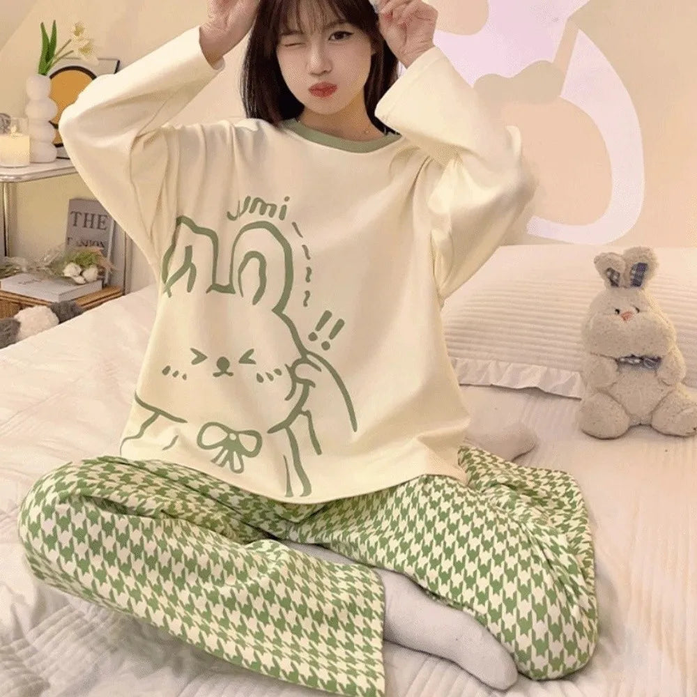 Long-Sleeved Women's Two-Piece Pajamas Large Size Cotton Material Pajama Suit Loose Fit Soft Fabric Homewear Suit Maternity Use