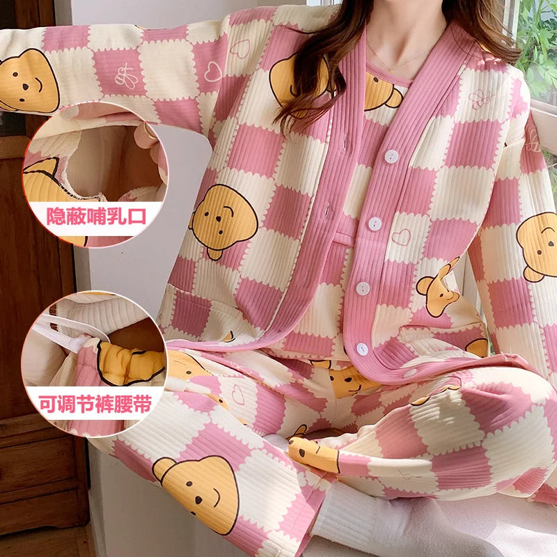 Autumn &Winter Lactation Period Breastfeeding Clothes Cotton Postpartum Clothing 2/3pcs Set Pregnant Women's Pajamas